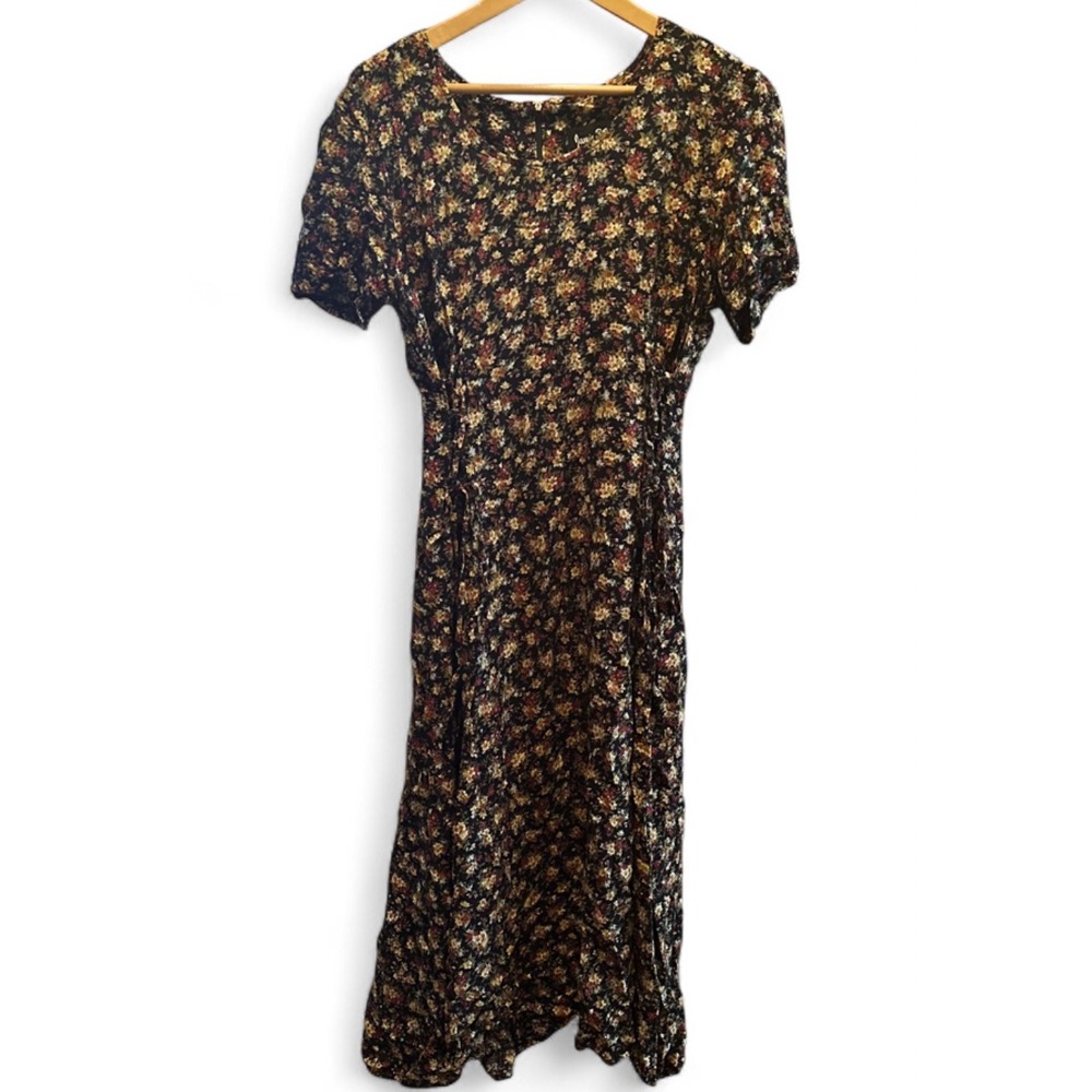 Jamie Brooke Vintage Floral Maxi Dress Side Ties Short Sleeve Cottagecore Black